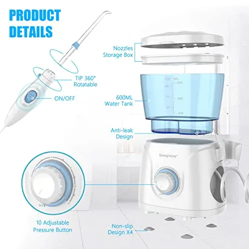Sawgmore Water Flosser Oral Irrigator, 600 ml Large Capacity, 10 Adjustable Pressures, Electric Flosser for Teeth/Braces, 8 Home Nozzles Oral Irrigator(White) 6