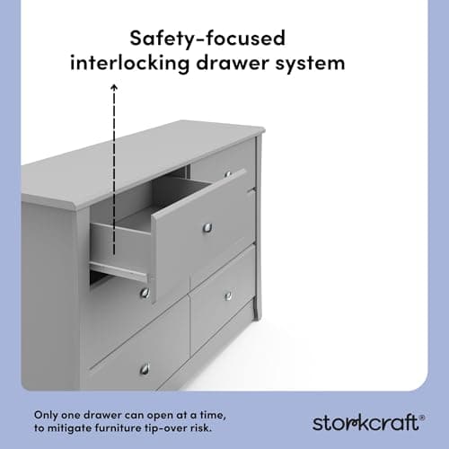 Storkcraft Crescent 6-Drawer Dresser (Pebble Gray) – GREENGUARD Gold Certified, Gray Dresser for Bedroom, Kids & Nursery Storage Chest, Safety Interlocking Drawers, Pre-Installed Tracks, Kids Chest 9