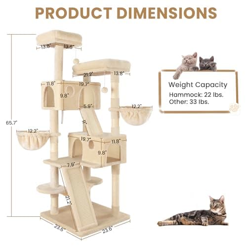 SHA CERLIN 65in Larger Cat Tree Tower Condo for Indoor Kitties/Multi-Level Furniture Activity Center with Wide Base/Cozy Plush Cat Perches/Baskets/Sisal Scratching Posts and Hammock/Beige 8