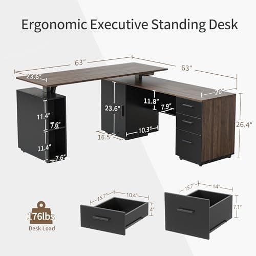 FEZIBO 63" L Shaped Standing Desk with Storage, Executive Height Adjustable Table, Deep Wood Grainy 3