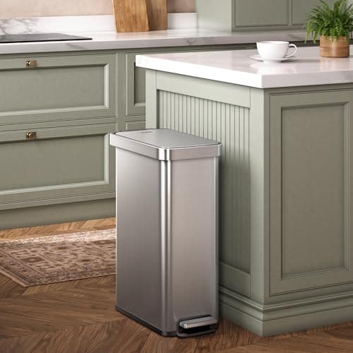 EKO Hudson Slim 50L / 13.2 Gallon Kitchen Trash Can with Lid, Stainless Steel Step Garbage Can for Kitchen or Home, Space-Saving Garbage Can with Soft Close Lid, Stay-Open, Liner Ring, Handle 6