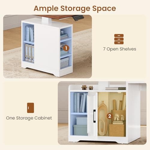 SEDETA Farmhouse L Shaped Electric Standing Desk, 63" x 67" Height Adjustable Home Office Executive Desk with Drawers and Shelves, Standing Computer Desks with Power Outlet for Home Office, White 7