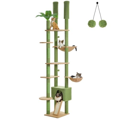 PEQULTI Tall Cat Tree, Floor to Ceiling Cat Tree Tower Adjustable [90.5''-100.4''=230-252CM] with Cat Condo, Cat Hammock and Scratching Post, Climbing Tree for Indoor Large Cats, Green