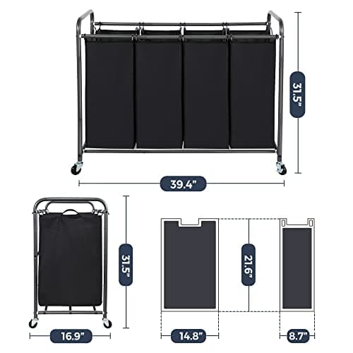 STO STO Laundry Sorter 4 Section, 4 Bag Clothes Hamper, Rolling Laundry Cart Basket with Heavy Duty Lockable Wheels and Removable Bag for Laundry Room, Bedroom, Closet, Black 6