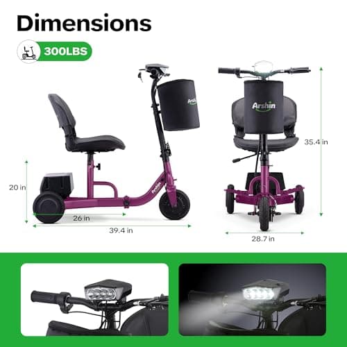 Folding Electric Mobility Scooter for Adults, 50 Lbs Lightweight Portable Electric Scooter, 13KM Range Long Range Power Battery, Height-Adjustable Seat, 300lb Weight Capacity (Purple) 6