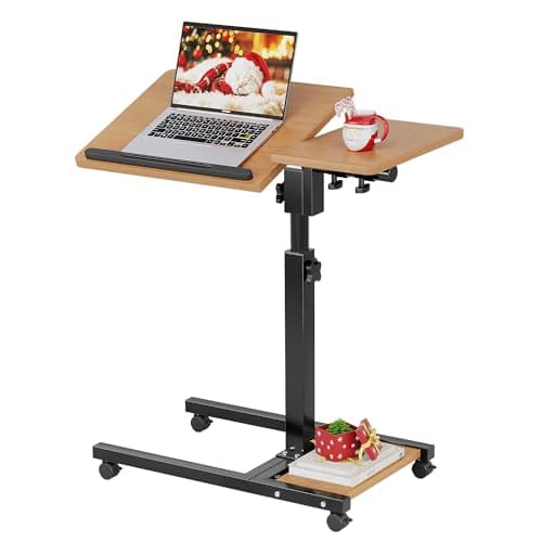Laptop Desk Stand for Bed Portable Desk Overbed Bedside Mobile Laptop Table Rolling Foldable Table Adjustable Height with Locked Wheels & Mouse Pad for Office Sofa (Natural Color)