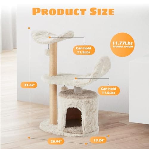 Modern Cute Cat Tree for Indoor Cats, 31-Inch 3-Tier Small Cat Tower with Scratching Posts, Soft White Plush Sailboat Perch & Lookout, Cute Cat Furniture for Kittens and Small Cats 6
