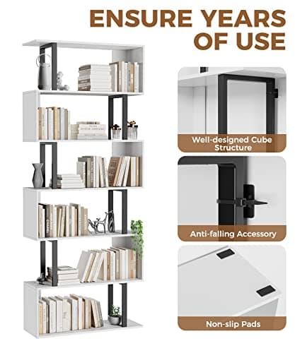 Gadroad 6 Tier Geometric Bookcase,S Shaped Bookshelf, Wood Decorative Storage Shelving, Modern Freestanding Display Shelves, Tall Book Shelf Unit for Living Room Bedroom, White 4