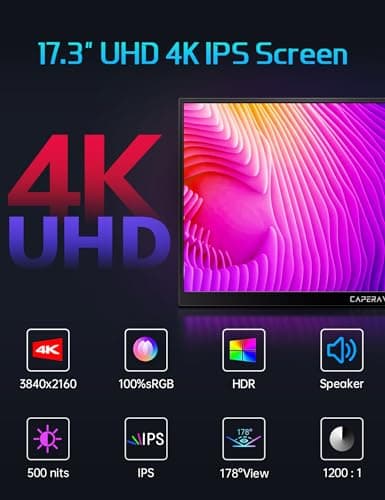 CAPERAVE 17.3" Portable Monitor 4K, 500 Nits 3840 * 2160p 100% Adobe RGB Travel Monitor with Bulit-in Kickstand & Speakers, Portable Computer Monitor, External Monitors for Laptop PC Xbox Switch PS4/5 2