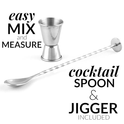 Zulay Kitchen 24oz Stainless Steel Cocktail Shaker Set – Professional Martini & Margarita Shaker with Built-in Strainer, Double-Sided Jigger, Muddler & Mixing Spoon – Bartender Kit for Mixed Drinks 5