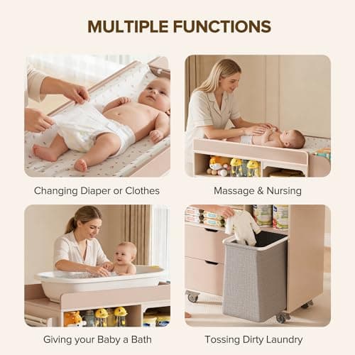 MFXLGO 100% Solid Wood Baby Changing Table Dresser with Drawers, Nursery Diaper Changing Station with Changing Pad & Built-In Trash Bag Storage, Rolling Space-Saving Design for Newborn & Toddler, Pink 6