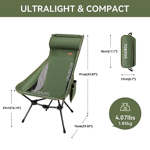 TOBTOS High Back Camping Chair, Lightweight Camping Chair with Headrest, Stable Portable Folding Chair for Outdoor Camp, Hiking, Backpacking(Green) 3