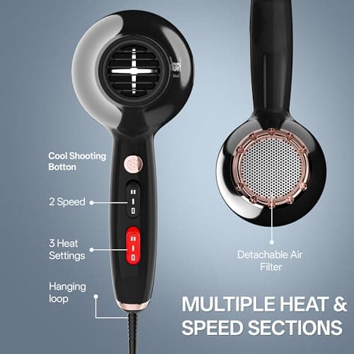 VAGARY Professional Salon 2200W Blower Dryer with Diffuser Concentrator Nozzles,Negative Ionic Blow Dryer,Low Noise Hair Dryers,2 Speeds and 2 Heat Settings 1 Cool Shot Button 5