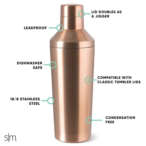 Simple Modern Cocktail Shaker Set with Jigger Lid | Stainless Steel Boston Shaker Insulated Martini Mixer for Mocktails | Gifts for Men Women Him Her | Classic Collection | 20oz | Metallic Gold 2