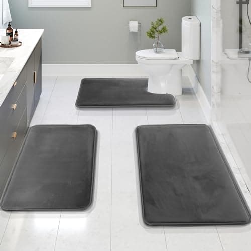 Clara Clark 3 Piece Bathroom Rugs Bath Mat Set, Velvet Memory Foam Bath Mats for Bathroom - Non-Slip, PVC Backing Bath Rugs, Washable - Dries Quickly, Grey
