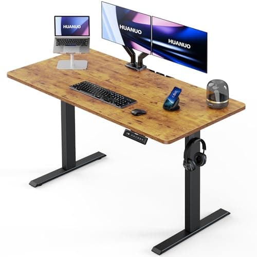 HUANUO Electric Standing Desk, 55" x 24" Height Adjustable Desk, 4 Memory Height Settings, Sit to Stand Up Desk for Home Office, with Headphone Hook, Cable Manager, Rustic Brown