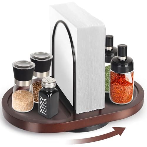 Primo Lines Rotating Napkin Holder for Table with Built-In Space for Salt and Pepper Shakers, Wooden Metal Caddy Rustic Table Organizer with 360 Degree Spin for Kitchen Decor and Accessories (Walnut)
