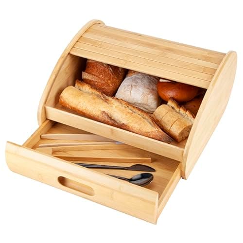 CARTMAN Natural Bamboo Roll Top Bread Box Kitchen for Countertop Food Storage, Large,NO ASSEMBLY REQUIRED,Double-layered linkage drawers