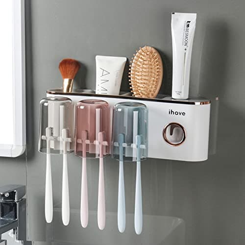 iHave Toothbrush Holders Bathroom Accessories with Toothpaste Dispenser, 3 Cups Toothbrush Holder Wall Mounted Bathroom Decor