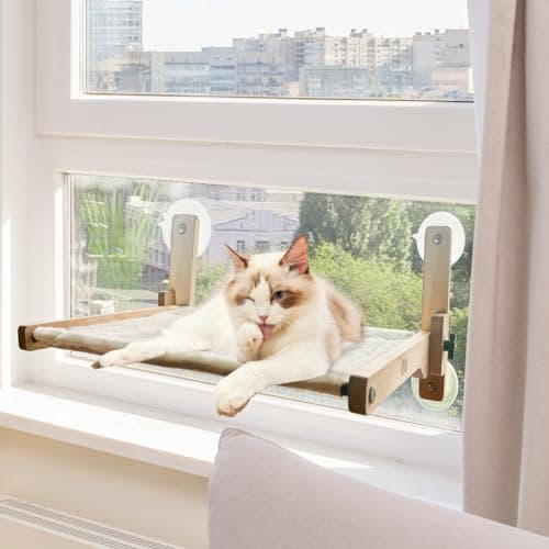Cordless Folding Cat Window Perch, Natural Wooden cat Window Perch with 4 Strong Suction Cups, Easy to Adjust & Assemble Window Cat Bed for Sunbathing, Napping & Overlooking, 24''-Load Up to 45lb.