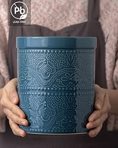 Fun Elements Kitchen Utensil Holder, 7.2" Super Large Utensil Crock Heavy and Stable Lace Emboss Ceramic Utensil Holder for Kitchen Counter (Grayish Blue) 5