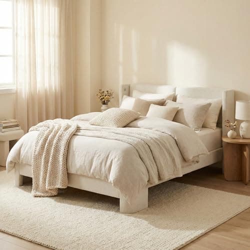 LIKIMIO Queen Bed Frame with Headboard, Upholstered Boucle Platform Bed with USB Ports, Base Camas Queen No Box Spring Needed, Cream White 8