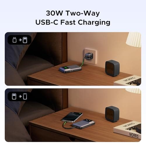 UGREEN Uno Power Bank with Built-in USB-C Cable 10,000mAh Portable Charger PD 30W Fast Charging Battery Pack with TFT Display for iPhone 16 Series/Galaxy S24/LG/Pixel/iPad/Airpods and More 4