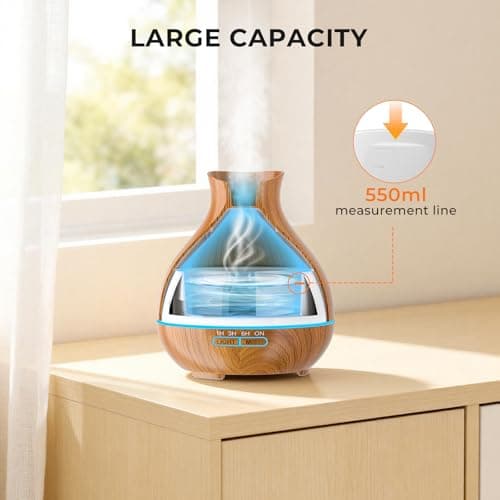 BZseed Aromatherapy Essential Oil Diffuser 550ml 12 Hours Wood Grain Aroma Diffuser with Timer Cool Mist Humidifier for Large Room, Home, Baby Bedroom, Waterless Auto Shut-off,7 Colors Lights Changing 5
