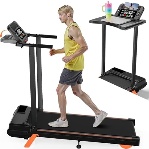 12% Incline Treadmill with Desk Workstation, 8.0MPH/3.5HP Portable Treadmill with Handle, 300LBS Weight Capacity Compact Walking Pads for Home, Small Spaces, Console with Big LED Display