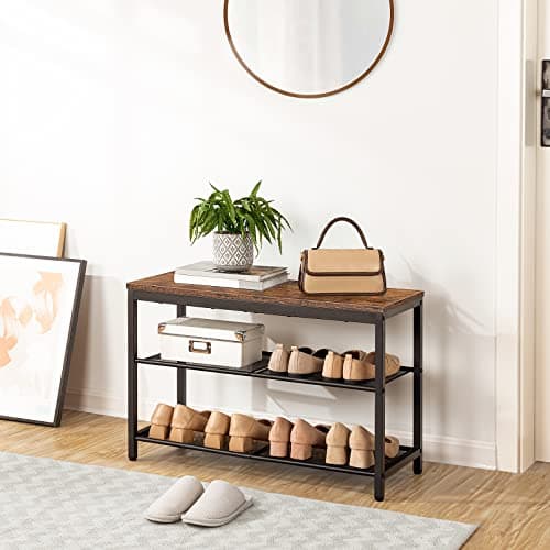 HOOBRO Shoe Bench, 3-Tier Shoe Rack, Industrial Shoe Organizer Storage Bench, 29.5 inches Entry Bench with Mesh Shelves, for Entryway, Living Room, Hallway, Easy Assembly, Rustic Brown BF75HX01 5