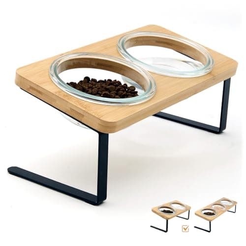 Lawfery Elevated Cat Bowls, 15° Tilted Cat Food Bowl, Includes 2 Glass Bowls, Bamboo Board, and Metal Stand for Cats and Puppies
