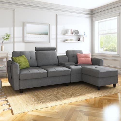 HONBAY Convertible Sectional Couch L Shaped Sofa with Cup Holders, Modern Sectional Sofa 4-Seat Sofa with Reversible Chaise, Light Gray