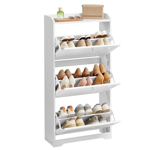 VASAGLE Shoe Cabinet with 3 Flip Drawers, Shoe Organizer, Adjustable and Removable Dividers, Holds 12-20 Pairs, Entryway, 9.4 x 23.6 x 47.7 Inches, Cloud White ULBC036WB02S