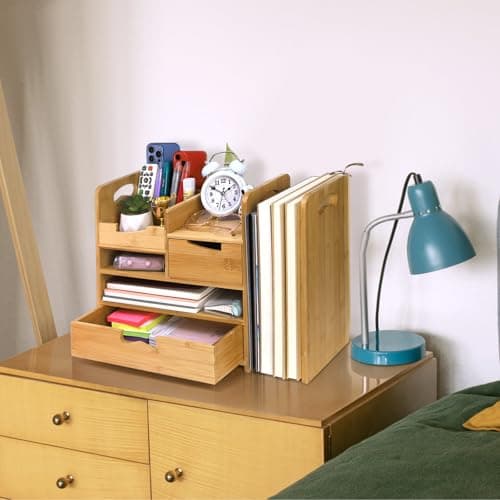 ZOOFOX Bamboo Desk Organizer with Adjustable File Holder, Mail Organizer Countertop with Drawer, 4-Tier Desktop Organization and Desk Accessories for Home Office School Supplies, No Assembly Required 8