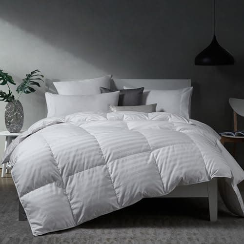 Hotel Grand Goose Down Comforter Duvet Insert King - Made in USA，Ultra Soft Striped Pattern Cotton Cover Fabric Fluffy， Hypoallergenic，500 Thread Count，650 Fill Power，All Season Warmth 106x90 Inches