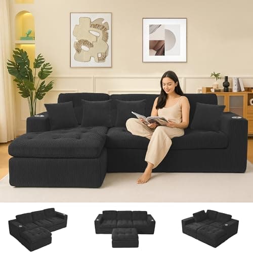 108 Inch Cloud Sectional Couch Modern Modular Sectional Sofa with Deep Seat - L Shaped Comfy 3 Seater Sectional Couches Memory Foam Boneless Fits Living Room & Bedroom, Black
