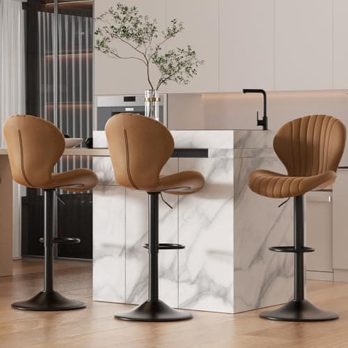 Nalupatio Bar Stools Set of 3, Adjustable Upholstered Swivel Bar Chairs, Modern Counter Height Barstools with High Backrest for Kitchen Dining Room, Brown