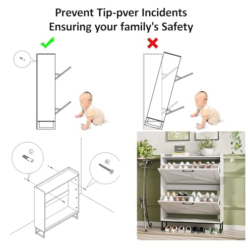 Maupvit Shoe Cabinet with 2 Flip Drawers, Freestanding Shoe Cabinet Organizer with Metal Legs, Shoes Storage Cabinet for Entryway, Narrow Shoe Rack Cabinet, White 7