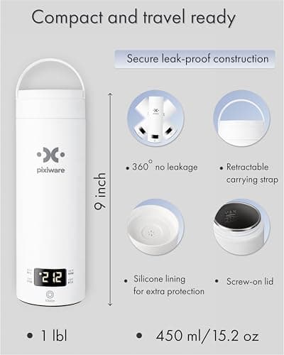 Pixiware Travel Kettle Twist Lid for Hot Water on the Go 450ml – Small Portable Mini Electric Kettle – 4 Smart Temp Presets – Auto Shut-Off – Leak-Resistant – Stainless Steel BPA-Free 304 8