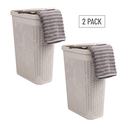 Mind Reader Slim Laundry Hamper with Lid, 40L Clothes Basket, Premium Wicker Design, Plastic, Set of 2, Ivory 7