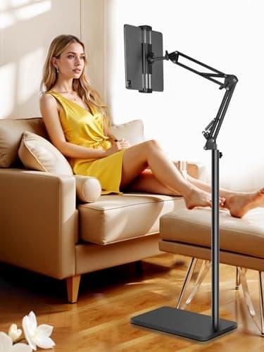 Lucky Trip Tablet Floor Stand with Double Heavy Duty Stable Base Never Tip Over, Adjustable Height Swivel Overhead Bed Tablet Phone Stand Holder for iPad, Kindle, Galaxy Tab, Cell Phones(4.7''-13'')