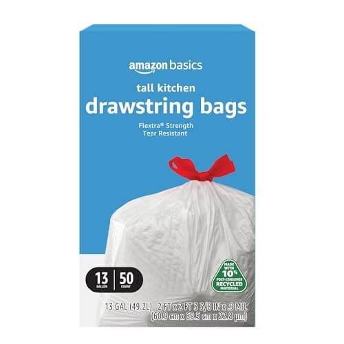 Amazon Basics 13 Gallon Tall Kitchen Drawstring Trash Bags, Flextra Strength, Tear Resistant, 10% Post Consumer Recycled, 50 Count, White