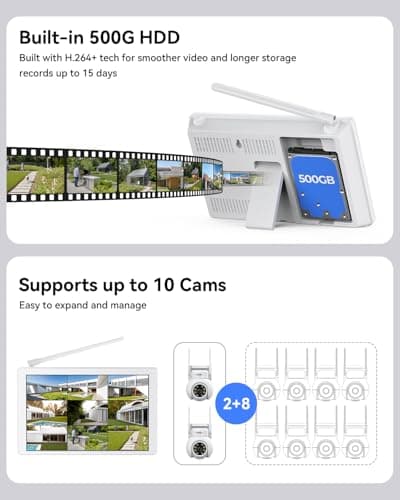 VORGUT Wireless Security Camera System with 10" LCD Monitor, 2PCS 3MP PTZ Outdoor Camera for Home Surveillance, 10CH NVR with 500G HDD,Auto Tracking,Human Detection,Color Night Vision,No Monthly Fee 6