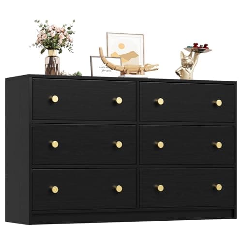 Nicehill 6 Drawers Dresser for Bedroom, Fabric Storage Tower, Dresser & Chest of Drawers Organizer，Storage Cabinet, Hallway, Closets, Living Room, Black Wooden Dresser（Black）