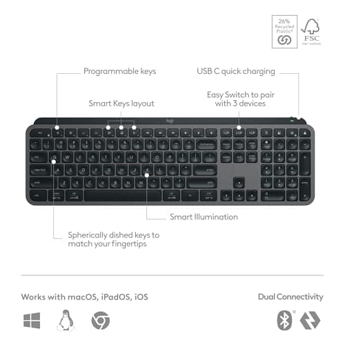 Logitech MX Keys S Wireless Keyboard, Low Profile, Fluid Precise Quiet Typing, Programmable Keys, Backlighting, Bluetooth, USB C Rechargeable, for Windows PC, Linux, Chrome, Mac - Graphite 6