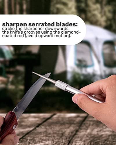 Wamery Serrated Knife Sharpener - Retractable Diamond Rod Pocket Sharpener for Serrated & Straight Blades - Multifunctional Sharpening Tool for Outdoor Kitchen Fishing Hunting (Silver) 5