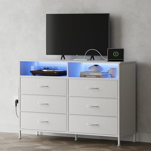 OtterOasis Dresser for Bedroom with LED Lights and Charging Station, Fabric White Bedroom Dresser 6 Long Drawers Dressers, Tall Wide Chest of Drawers TV Stand