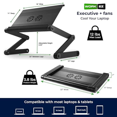 WorkEZ Executive Laptop Cooling Stand, Adjustable Desk for Bed, Foldable with 2 Fans & 3 USB Ports, Computer Lap Desk, PC Holder for Bed, Ergonomic Table Stand, Home Office Supplies, Black 7