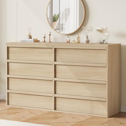 GarveeHome 8 Drawer Dresser for Bedroom, 54 in Wide Natural Oak 8 Chest of Drawers with Large Storage, Wooden Dresser Organizer for Living Room, Nursery, Entryway