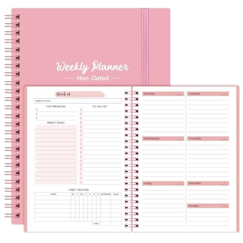 Undated Weekly Planner Notebook - A5 To Do List Planner with 64 Undated Weeks?8.4"脳6"?- Weekly Planner Spiral Binding for Weekly Goals Planner - Pink